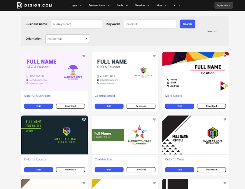 The various business card templates available on Design.com, both free and paid.