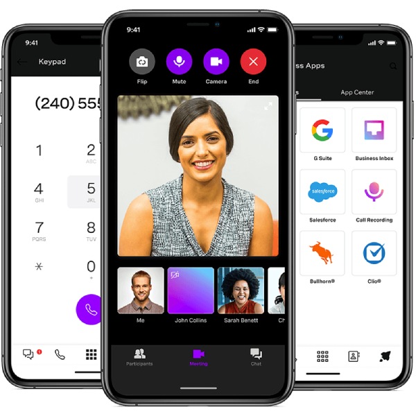 Three Vonage mobile application screens featuring audio calls, video meetings, and business integrations.