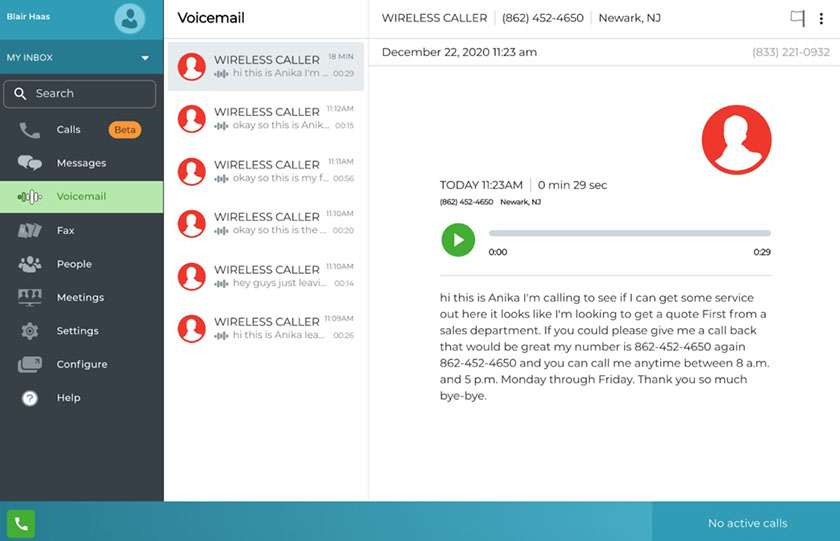 Phone.com interface highlighting the "Voicemail" tab in the navigation panel and showing a voicemail transcription