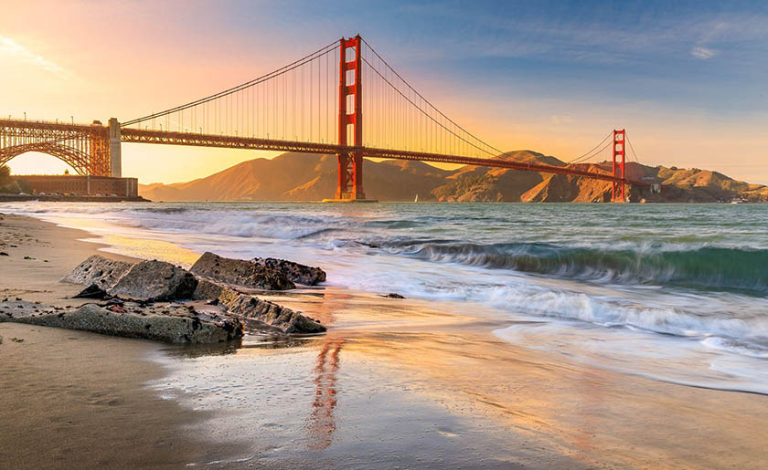 Image of the Golden Gate Bridge over the water in San Francisco, California