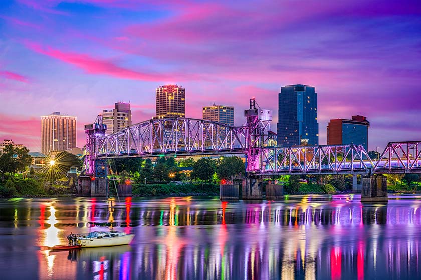 Image of a city view of Little Rock, Arkansas, with a bridge across the water.