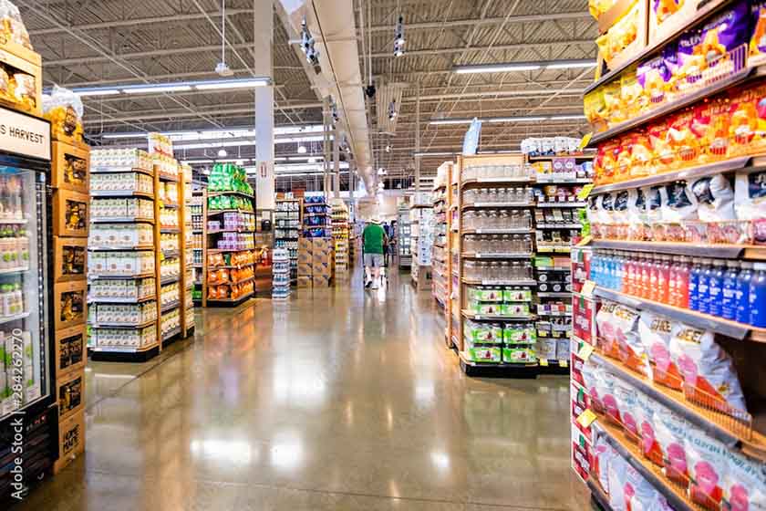 View of grocery store aisles in a health store.