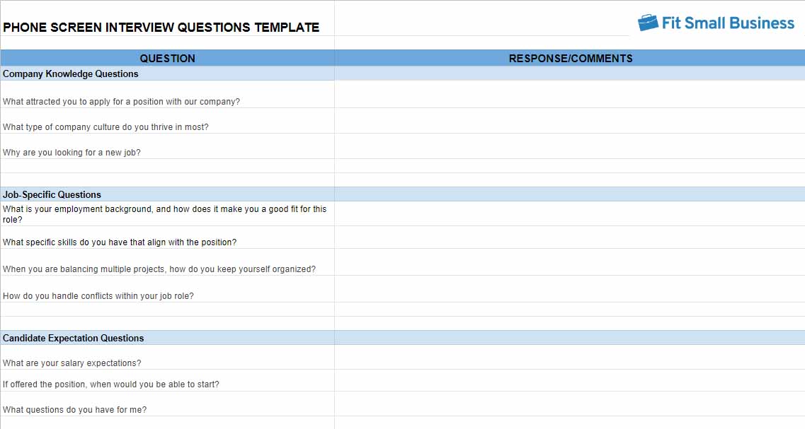 Phone screen interview questions template.