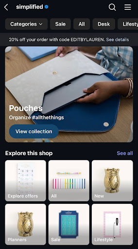 Instagram Shop tab with product categories