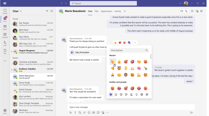 The Microsoft Teams chat interface displaying a conversation with options for emojis.