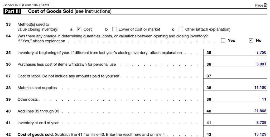 Schedule C part III showing cost of goods sold detail for Paul's Plumbing.