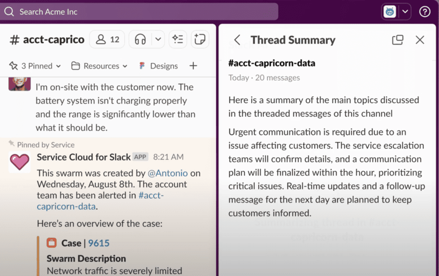 The Slack AI feature with a thread summary for a team channel.