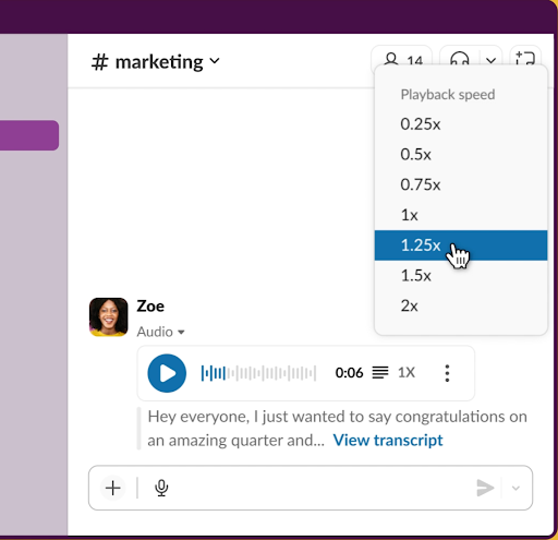 A Slack audio clip with seven playback speed options.