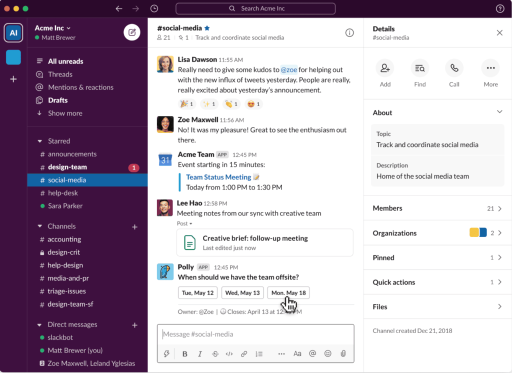 The Slack channel interface with team conversations, meeting notes, and a meeting notification.