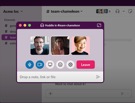 A Slack Huddle showing three participants on a minimized video meeting window.