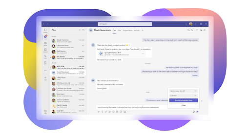 The Microsoft Teams chat interface with options for scheduled messaging.