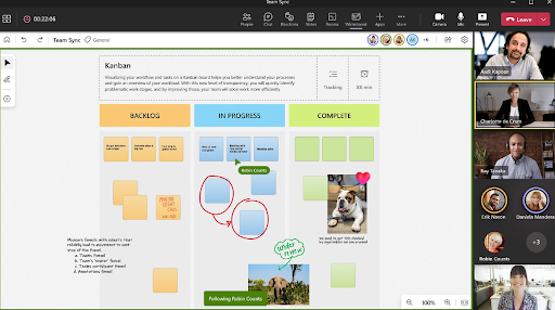 A Teams meeting with participants forming a Kanban board with the whiteboard tool.