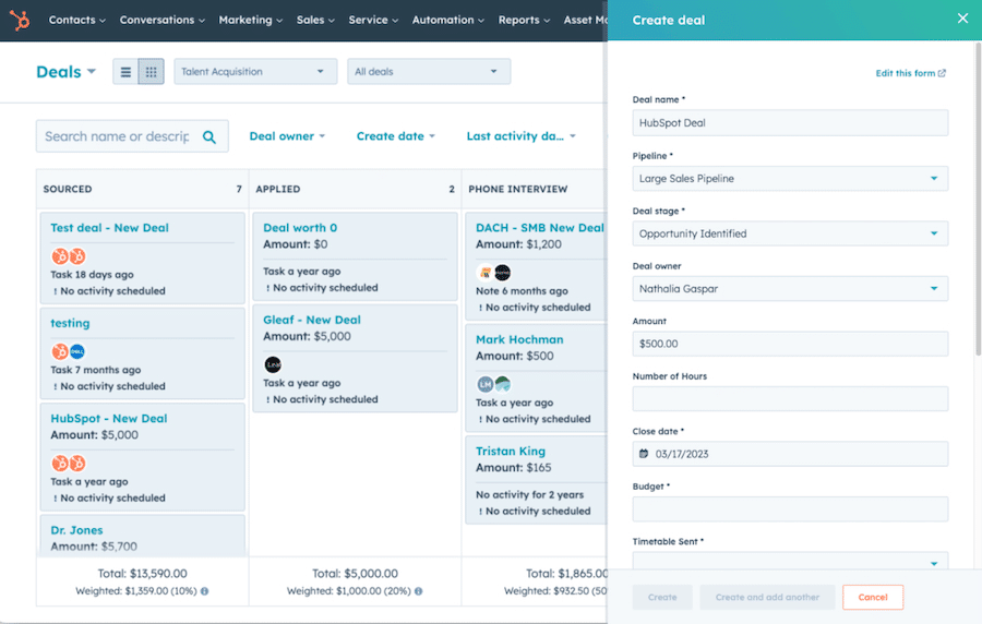 An example of HubSpot CRM's deal pipeline management and deal creation capabilities.