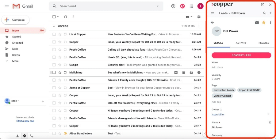 The Copper CRM Chrome extension in Gmail.