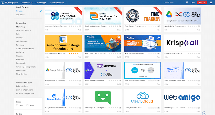 Zoho CRM app integration options on the Zoho Marketplace.
