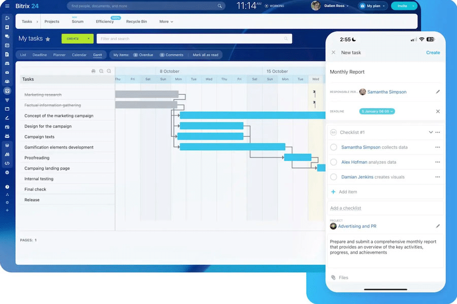 The Bitrix24 project management system with a Gantt chart for task monitoring.