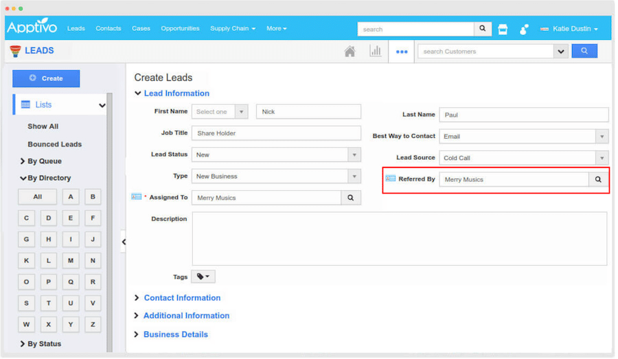 The Apptivo lead record with a referral field.