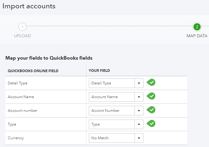 Mapping account data for importing into QuickBooks Online