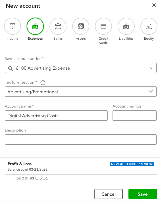 New account creation form in QuickBooks Online