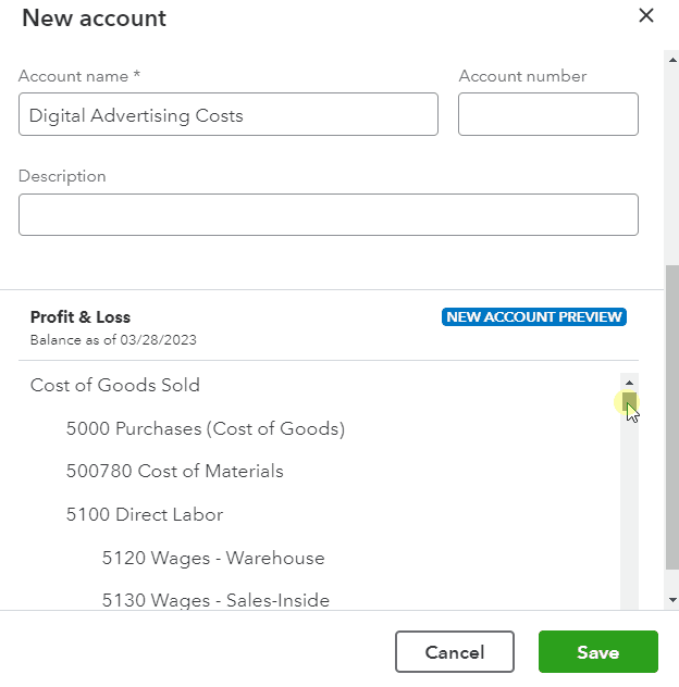 New Account Previous section in QuickBooks Online