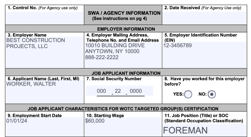 A sample showing DoL's Form 9061 completed by an employer.