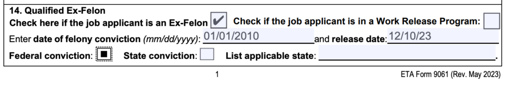 An example showing how a felon answered Question 17 on Form 9061.