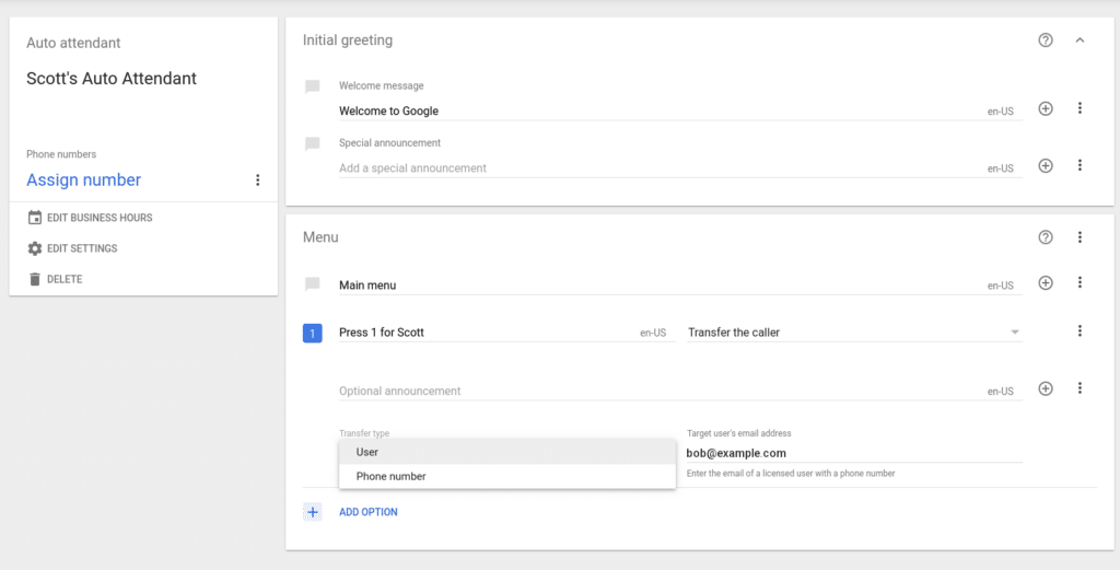 The Google Voice admin interface for configuring the call transfer option in the auto-attendant.