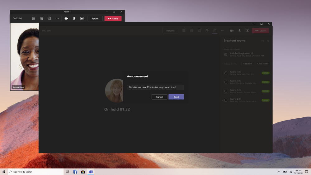 Breakout room announcements in Teams.