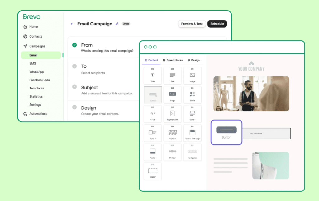 Brevo's Campaigns interface showing steps to launch an SMS marketing campaign.