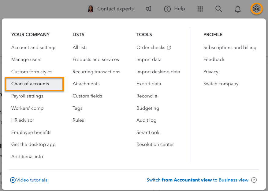 Screen showing how to navigate to the chart of accounts in QuickBooks Online