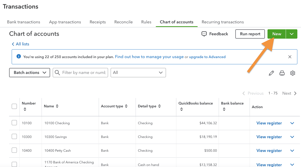 QuickBooks Online chart of accounts highlighting the New button