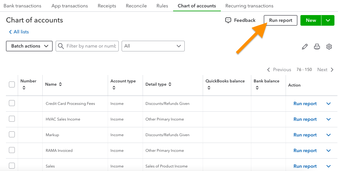 QuickBooks Online chart of accounts highlighting the Run report button