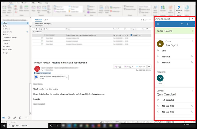 Viewing CRM record in Outlook using the Dynamics 365 plugin.