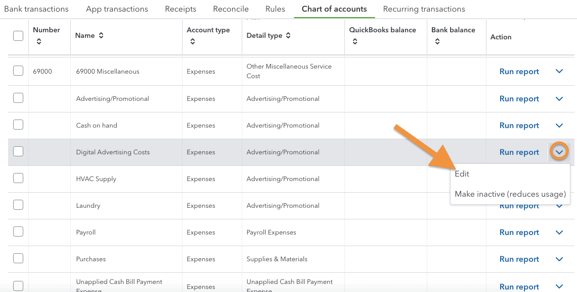 Screen showing how you can edit an existing account in the QuickBooks Online chart of accounts