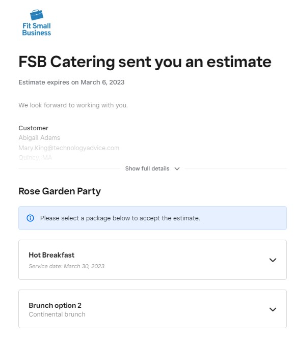 Screenshot of catering estimate created in Square Invoices displaying two package options for a catering customer