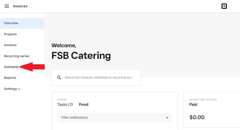Screenshot of Square Invoices dashboard with a red arrow pointing to the Estimates option in the navigation menu
