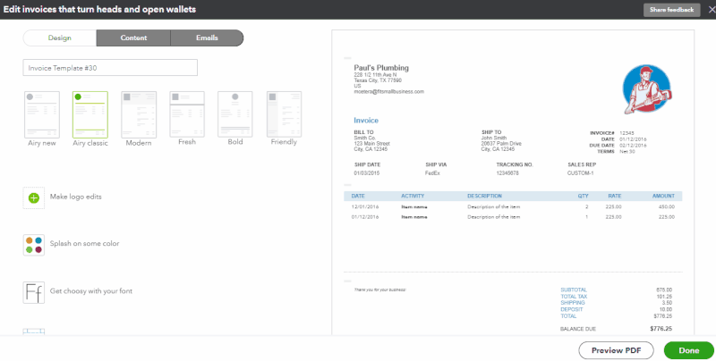 Screen showing you can see select a template for your invoice in QuickBooks.