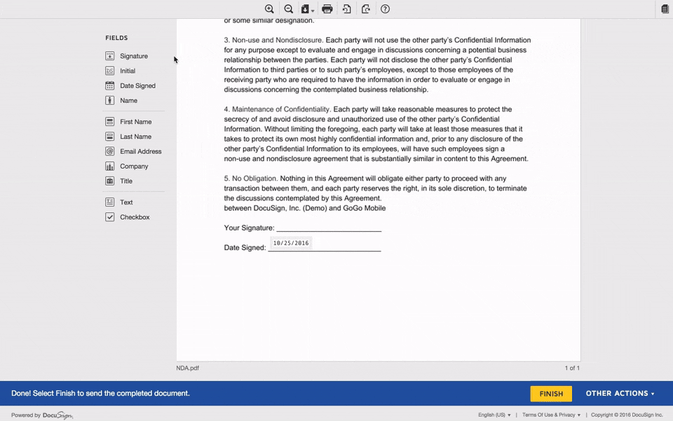 A GIF showing how to add an e-signature to a document using DocuSign.