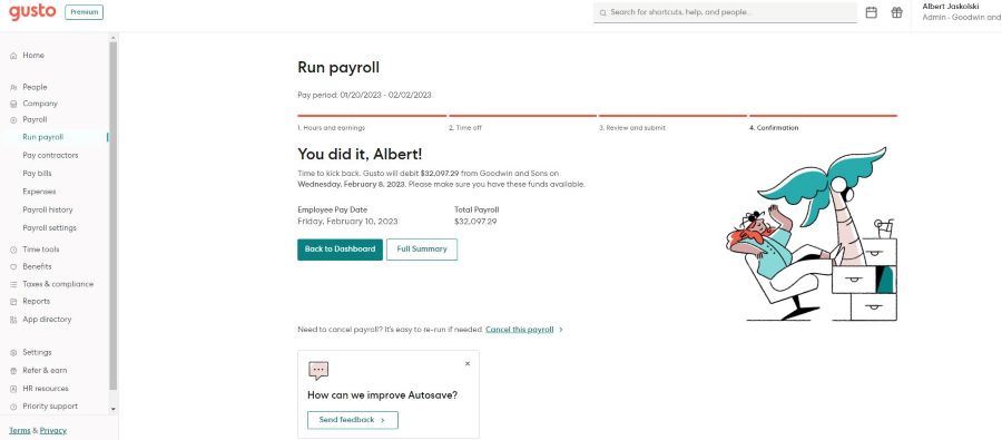 Image showing the page after submitting payroll in Gusto.