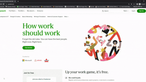 Gif showing how to search for talent on Upwork.