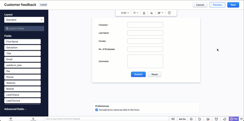 Zoho CRM allows users to create splash messages on web forms.