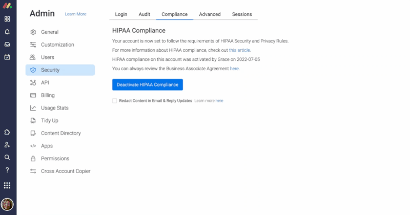 monday CRM admin dashboard showing an option to activate or deactivate HIPAA compliance.