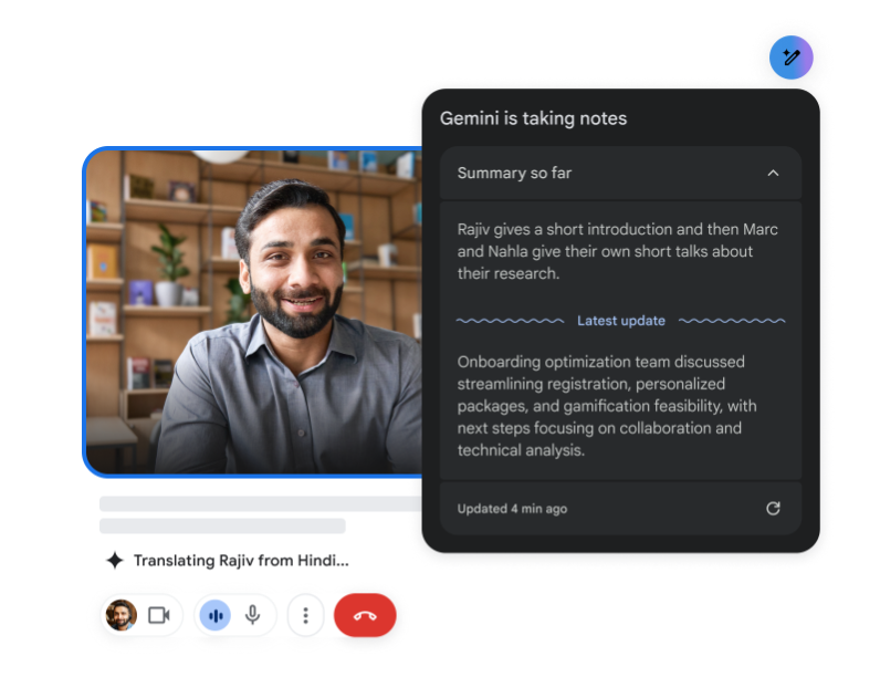 Google Meet user presenting in a meeting while Google translates notes from Hindi to English.