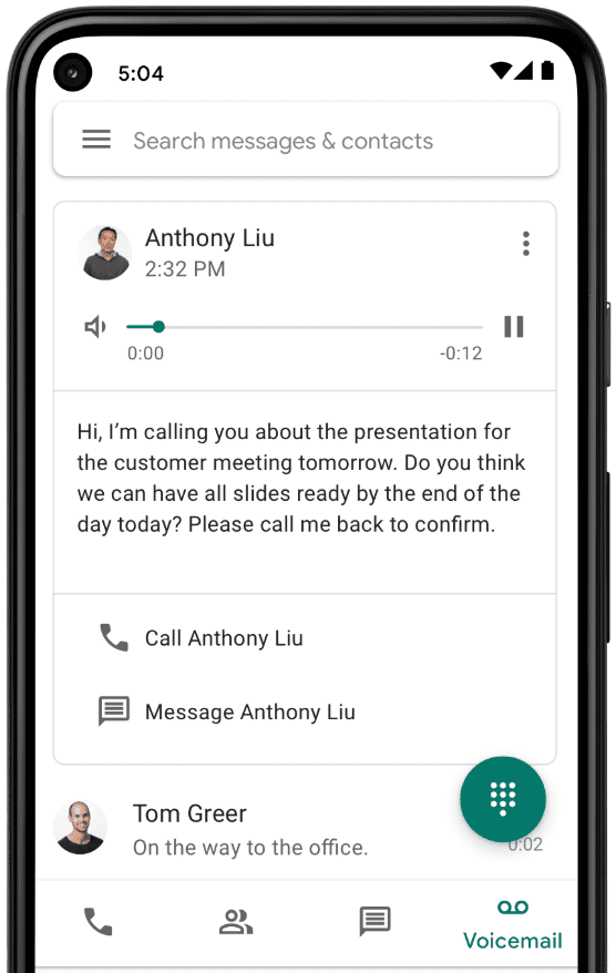 The Google Voice voicemail feature with transcription.