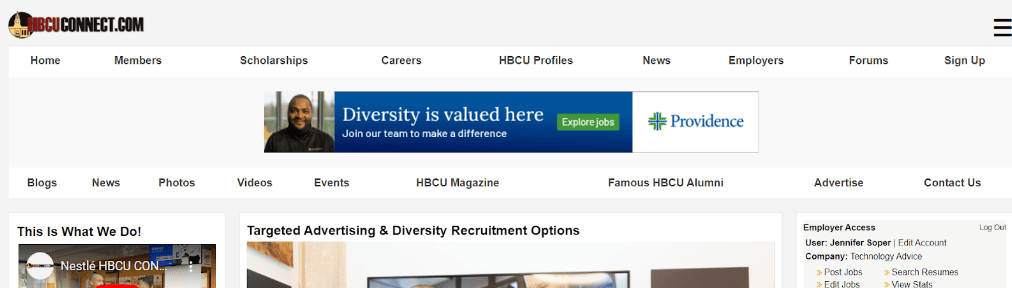 HBCU homepage with buttons for careers and employers