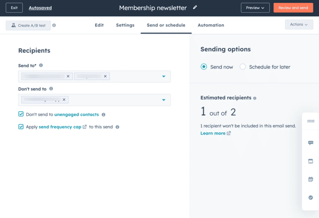 HubSpot CRM email generation interface showing configuration options for a membership newsletter.