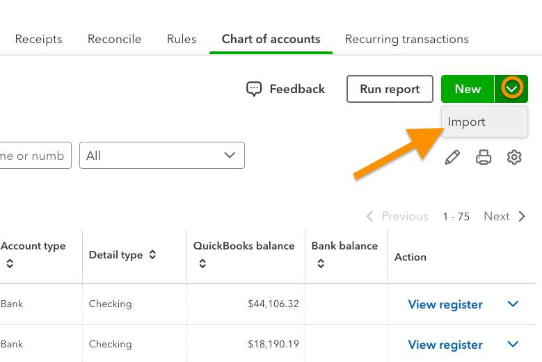 QuickBooks Online chart of accounts highlighting the Import button