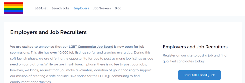 rainbow flag and content for employers and job recruiters with button to post LGBT friendly job