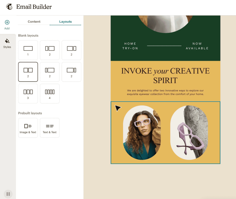 Mailchimp's email builder showing drag-and-drop design tools.