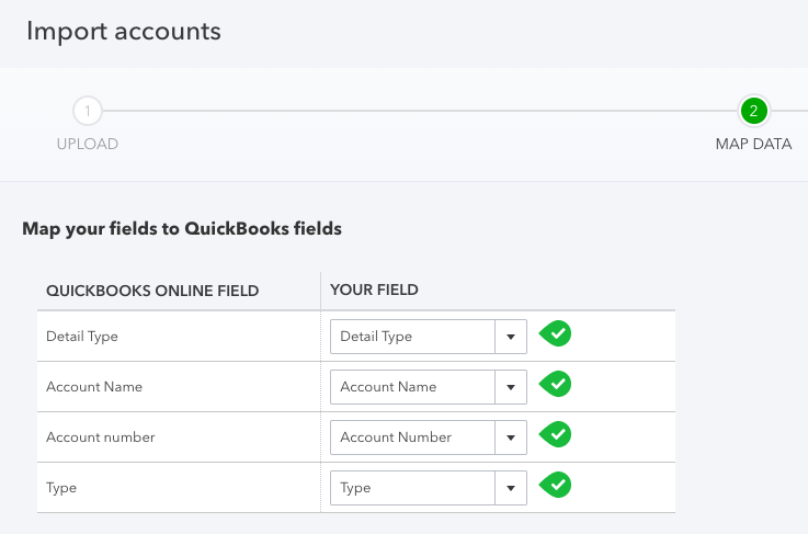 Screen where you can map account data for importing a chart of accounts into QuickBooks Online